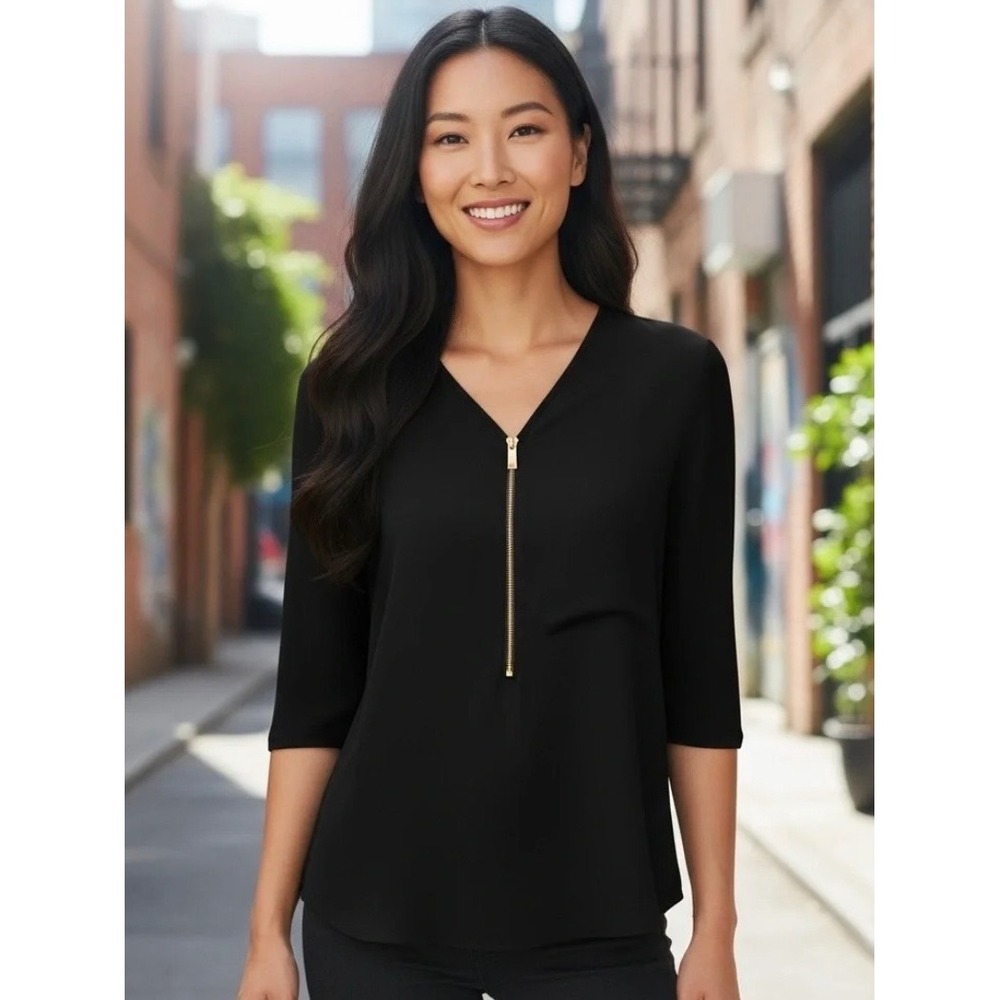 Vince Camuto Womens Black Mixed Media Quarter Zip 3/4 Sleeve Blouse Size M